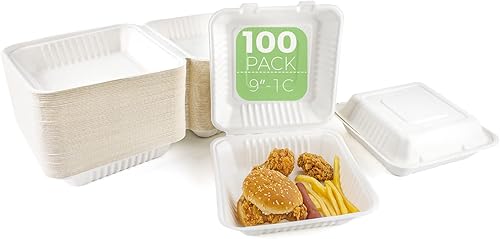 Concha desechable compostable de 9 pulgadas, 3 compartimentos, paquete de 100 recipientes para llevar, biodegradables hechos de fibras de caña de