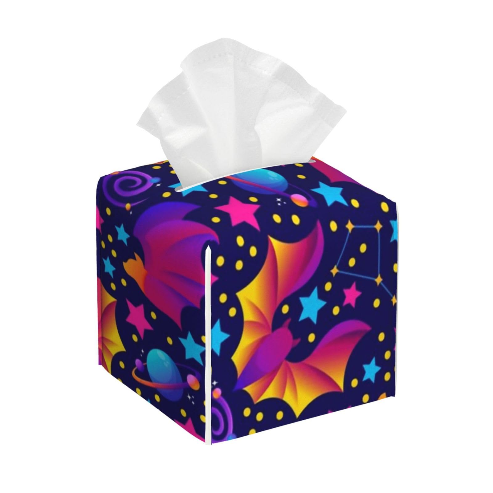 Galaxy bat Pattern Tissue Box Cover 5" Square Leather Tissue Holder Facial Tissue Case for Tabletop Bedroom Bathroom Desk Decor