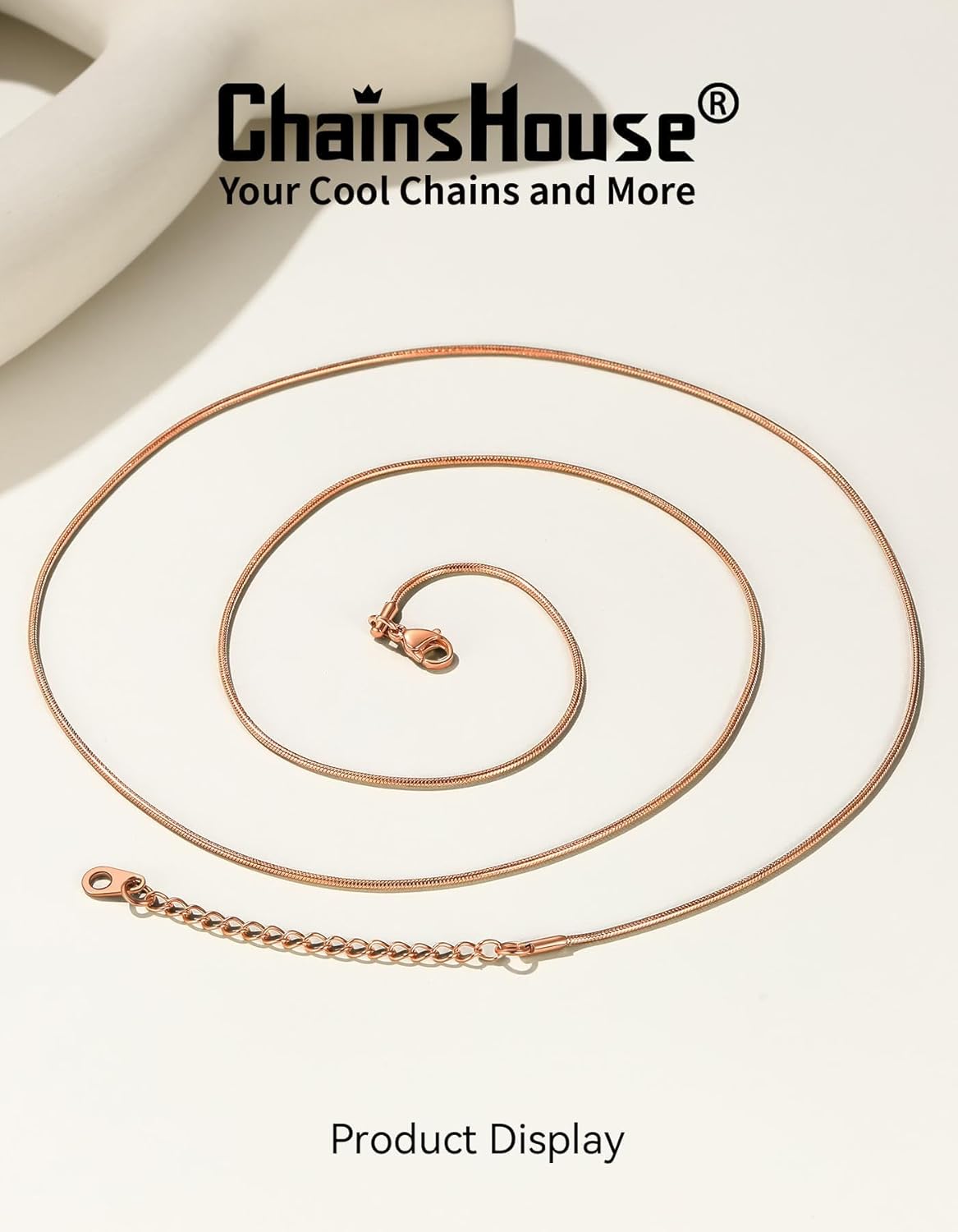 ChainsHouse Snake Chain Necklace for Women 1.2mm, 14-30" Adjustable with 5cm Extender for Pendants Lockets, Rose Gold/Stainless Steel/Black/14K Gold Hypoallergenic Dainty Jewelry Gift