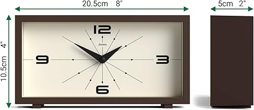 Miniatura 4 de JONES CLOCKS Reloj de escritorio 'Odeon' Diseño rectangular moderno en marrón, aspecto retro elegante para estante, mesa, mantel o mesita de noche