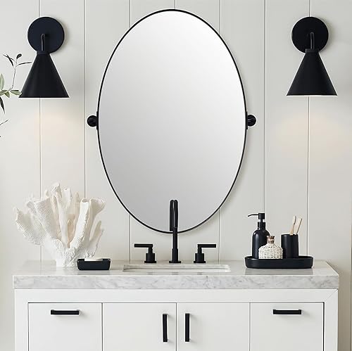 MOON MIRROR Espejo pivote negro, espejo de pared para baño de 24 x 36 pulgadas, espejo ovalado negro de tocador, espejo de baño de pivote ovalado,
