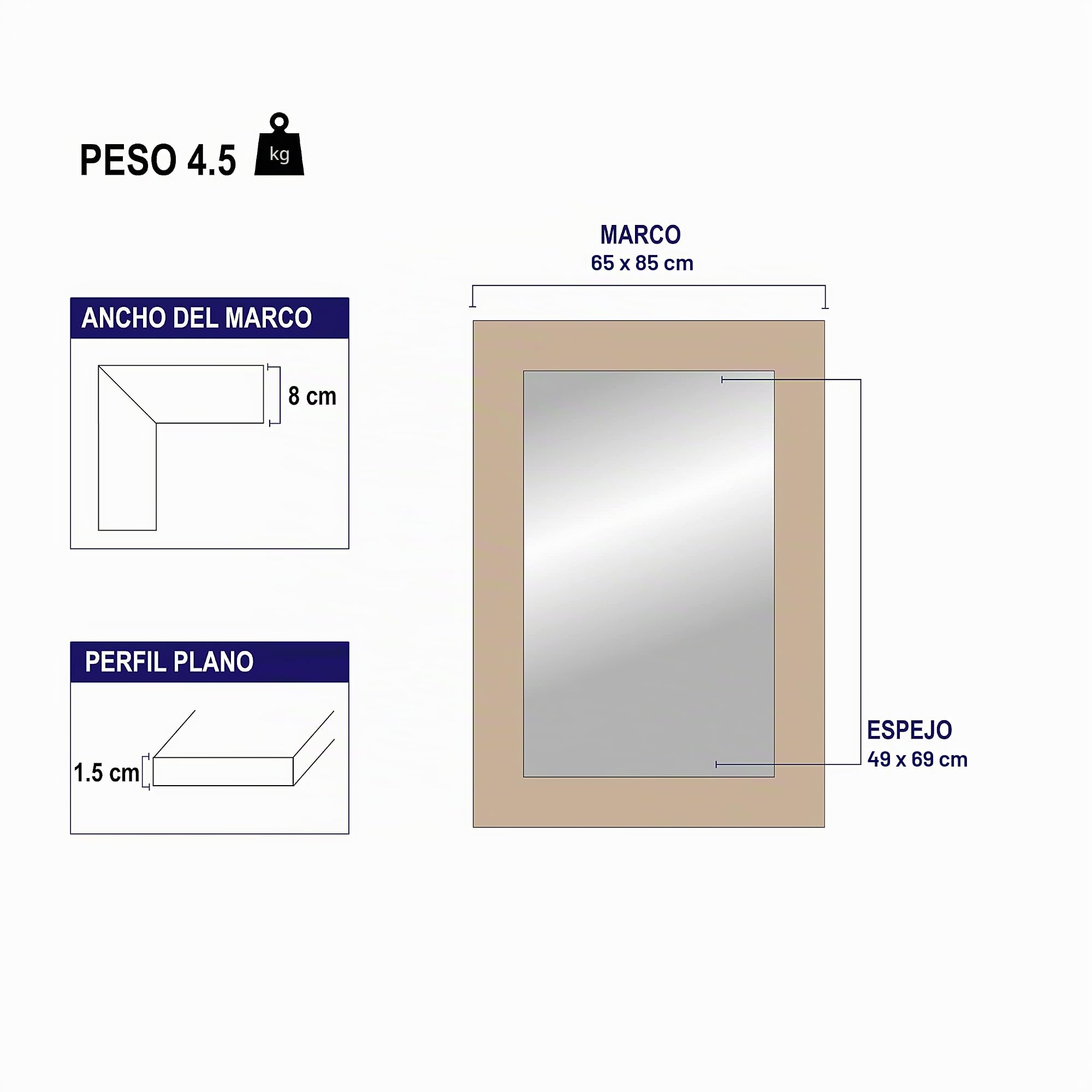 la fabrica del cuadro Espejo de Pared Fabridao en España- Varios Tamaños y Colores - Espejo Vestidor, Salón, Baño, Entraditas- Modelo MDF8 (Nogal, 65x85 cm)