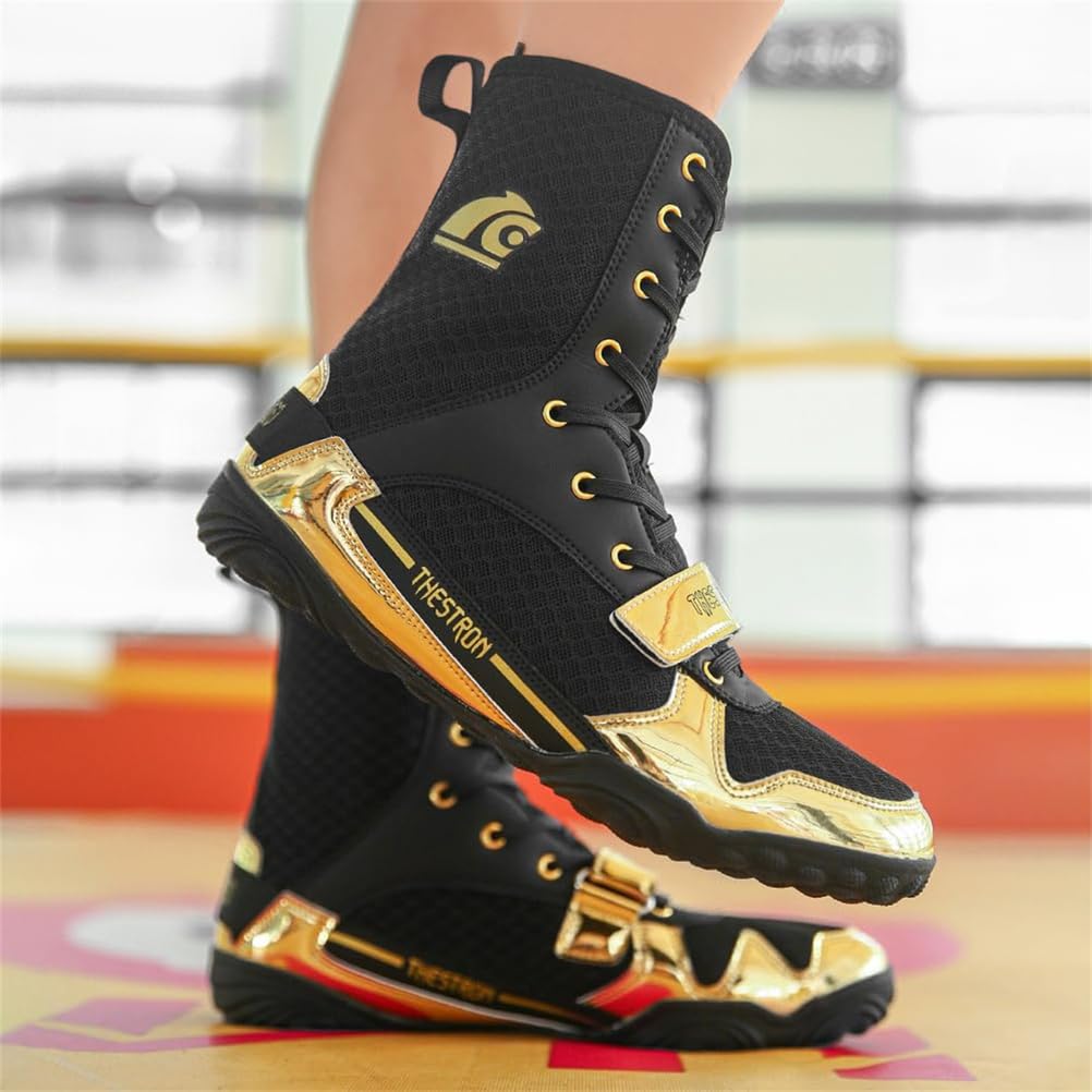 Zapatos de Lucha de Corte Alto, Zapatillas Transpirables de Malla, Calzado Antideslizante para Entrenamiento y Ejercicio de Lucha para Hombres y Mujeres,Negro,41 EU