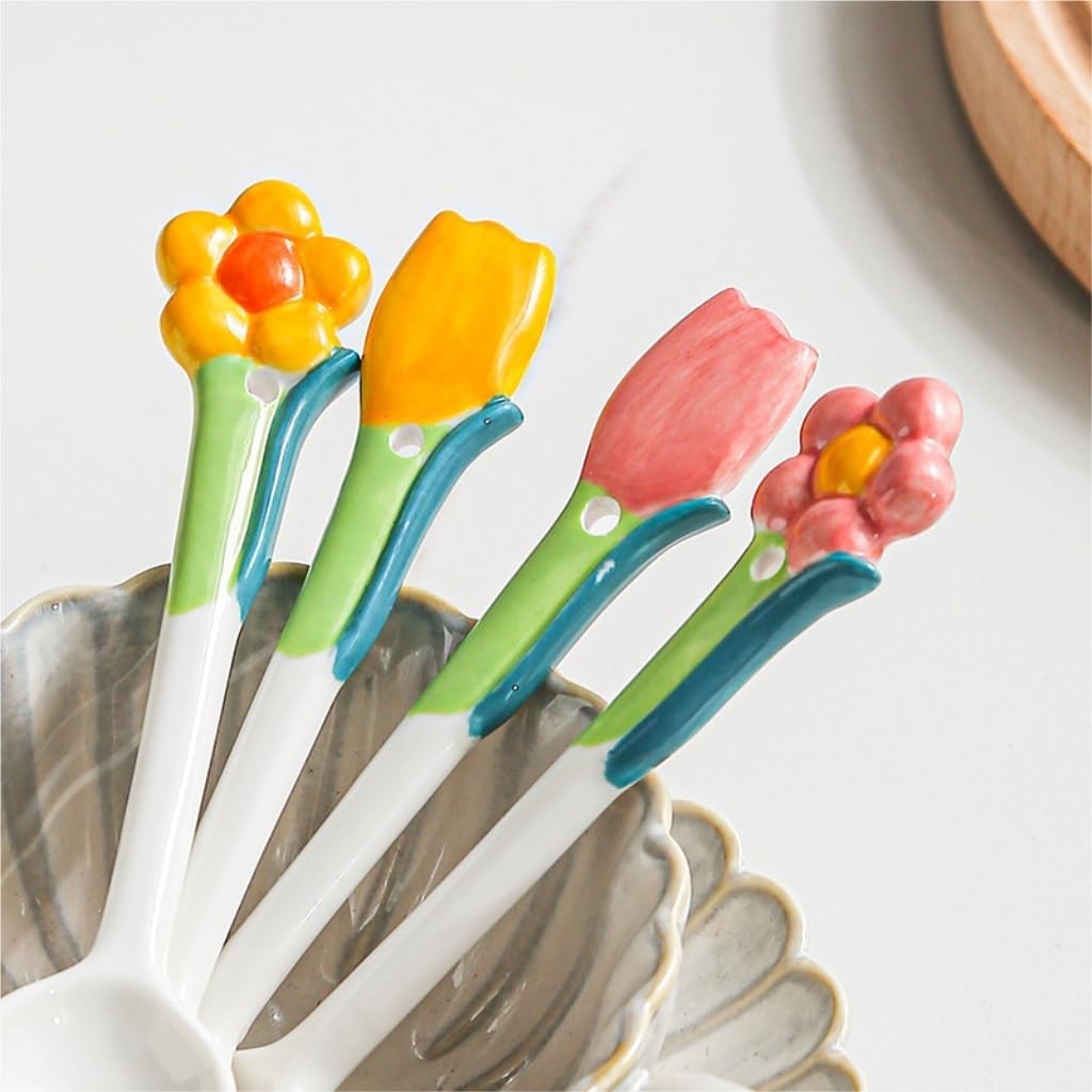 Spoons, Spoons 3-pack Creative Flower Spoon Home Simple Ceramic Dessert Spoon Long Handle Soup Spoon Coffee Spoon