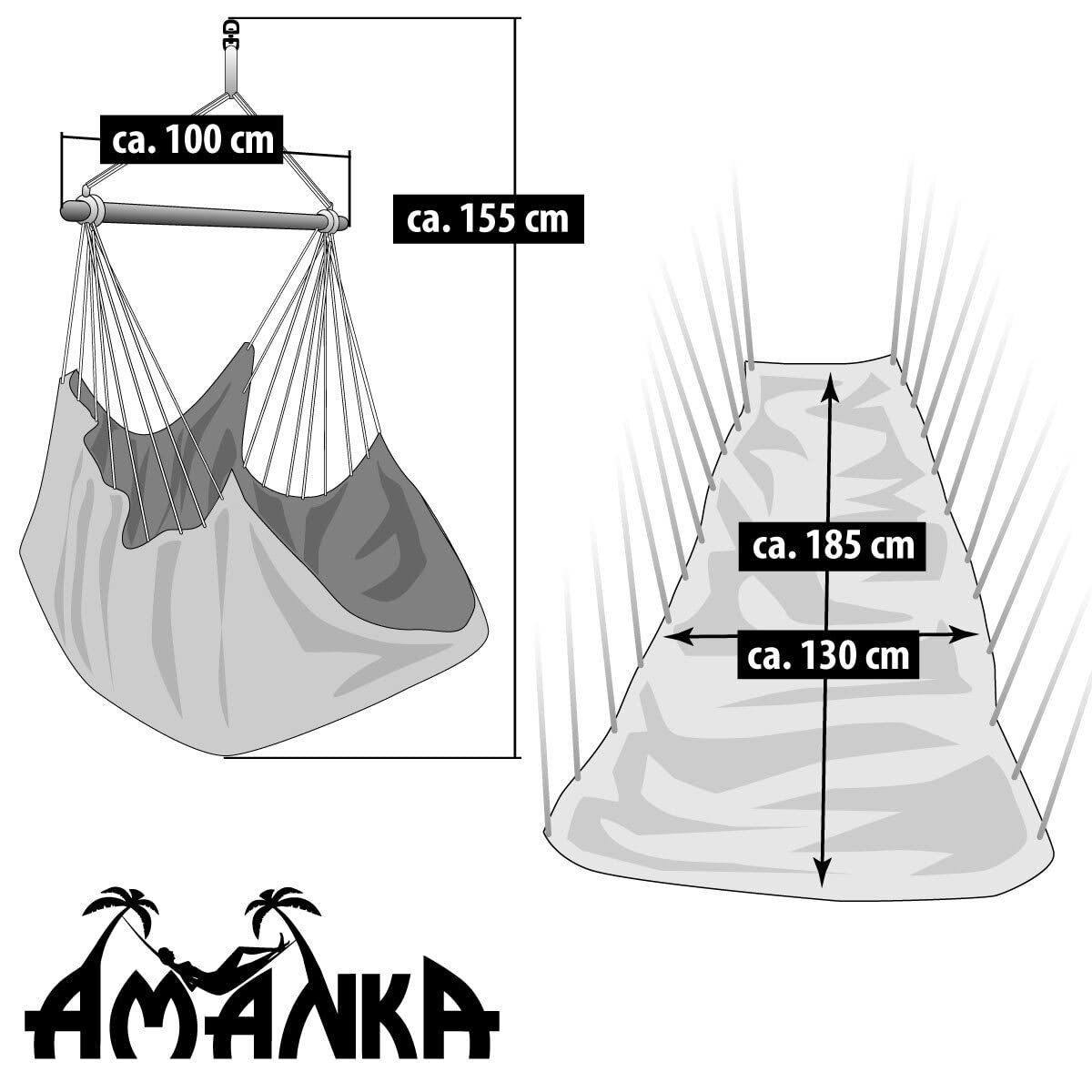 AMANKA XXL Silla Hamaca Colgante 185x130cm hasta 150kg - Jardín Balcón y Terraza - Columpio para 2 Personas - 100% Algodón - Rotación 360° Giratoria - Interior y Exterior - Adultos y Adolescentes