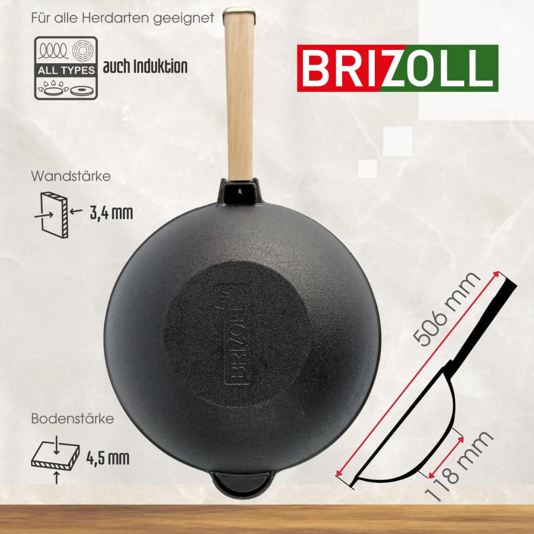 4BIG.fun Sartén wok con mango de madera, 26 cm, de hierro fundido, 2,8 L, para exteriores, para camping, barbacoa, utensilios de cocina, sartén wok de hierro fundido, sartén de inducción