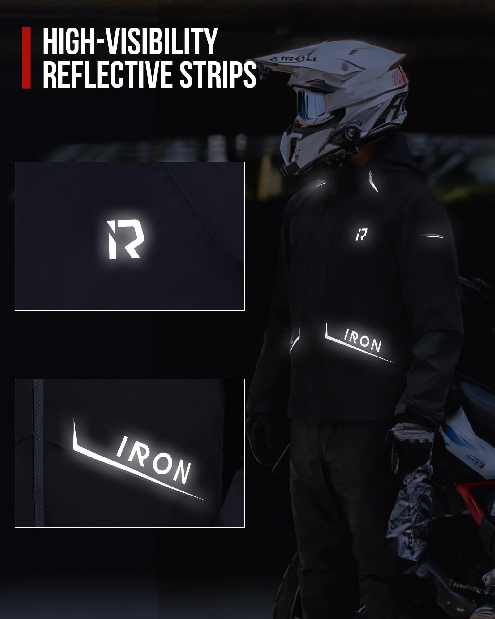 RIDEIRON Tuta Antipioggia Moto Uomo Impermeabile Giacca 15000 mm con Cappuccio Staccabile Sstrisce Riflettenti Nero XXL