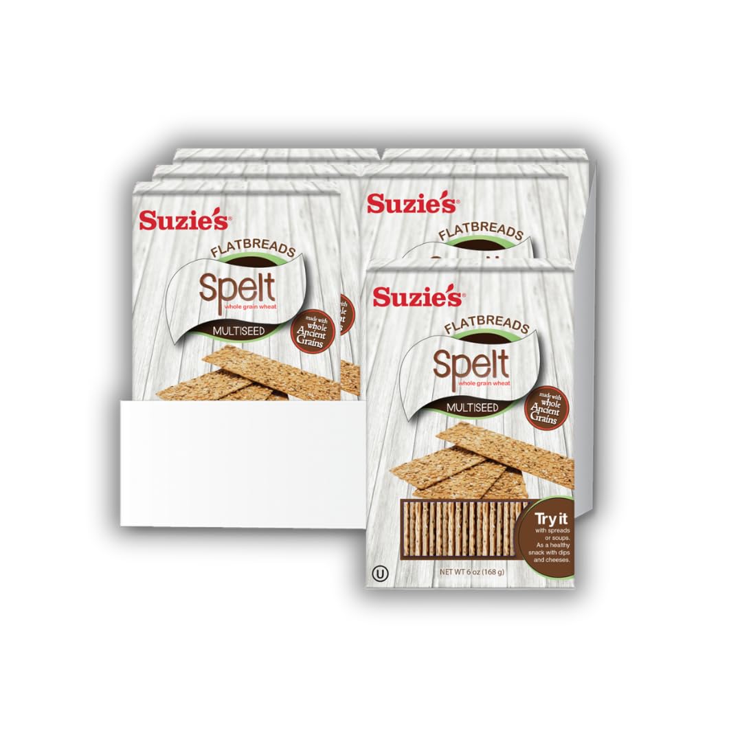 Suzie's Spelt Multi-seed Flatbread Crackers| Pack of 6 | Low-Fat & Vegan, Kosher, Whoelgrain | Healthy Snack Option | 4.6 oz each