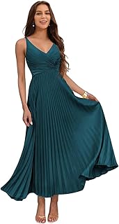 Women's V Neck Pleated Satin Bridesmaid Dresses Long Maxi Formal Evening Dress VS219