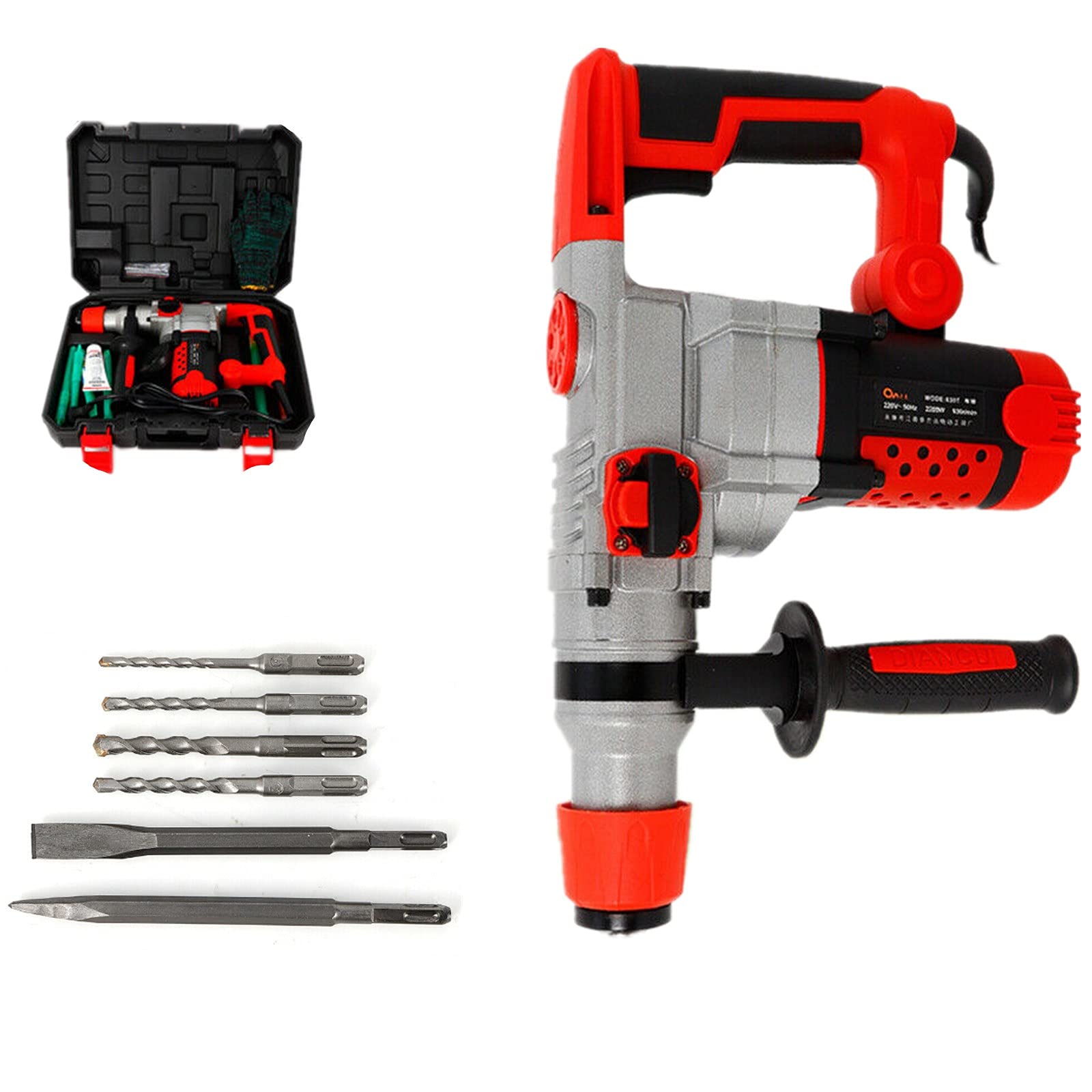 Rotary Hammer Drill 2200W Hammer Drilling Chiseling Electric Demolition Jack Hammer Concrete Drill Breaker Chisels Kit 0-930 r/min