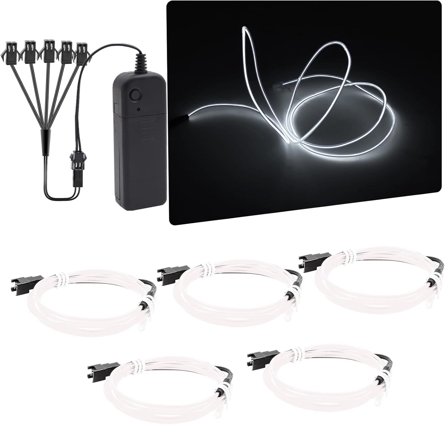 NWpangu EL Wire Strip Lights, 5 in 1(3.28Ft Each) Electroluminescent EL Wires with Battery Case for Holiday, Party, DIY Decoration, White(3 Operation Modes)