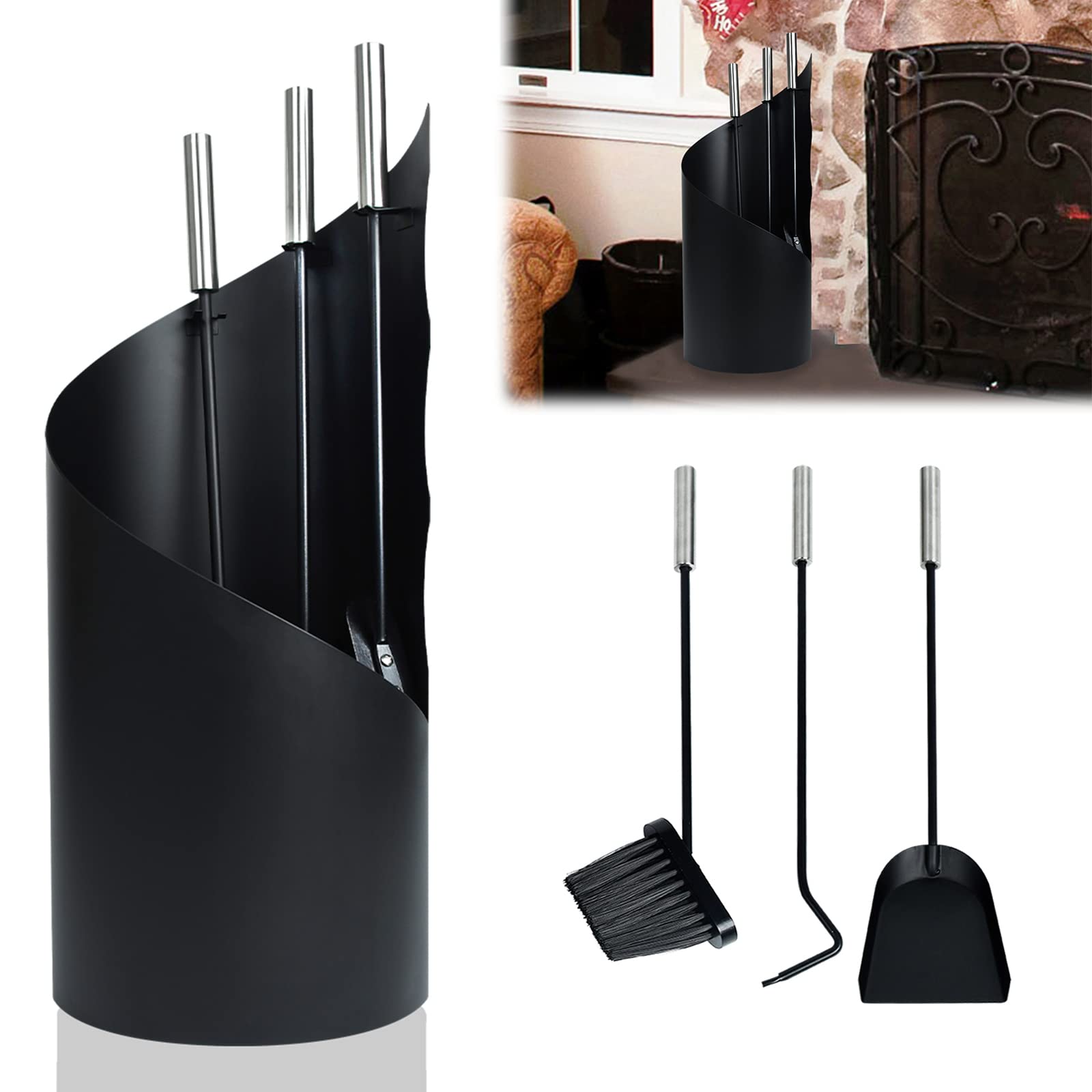 LZQ Ustensiles de cheminée modernes en acier inoxydable 4 pièces - Accessoires de cheminée - Avec tisonnier - Pelle à cendres, balai et support - Pour accessoires de maison