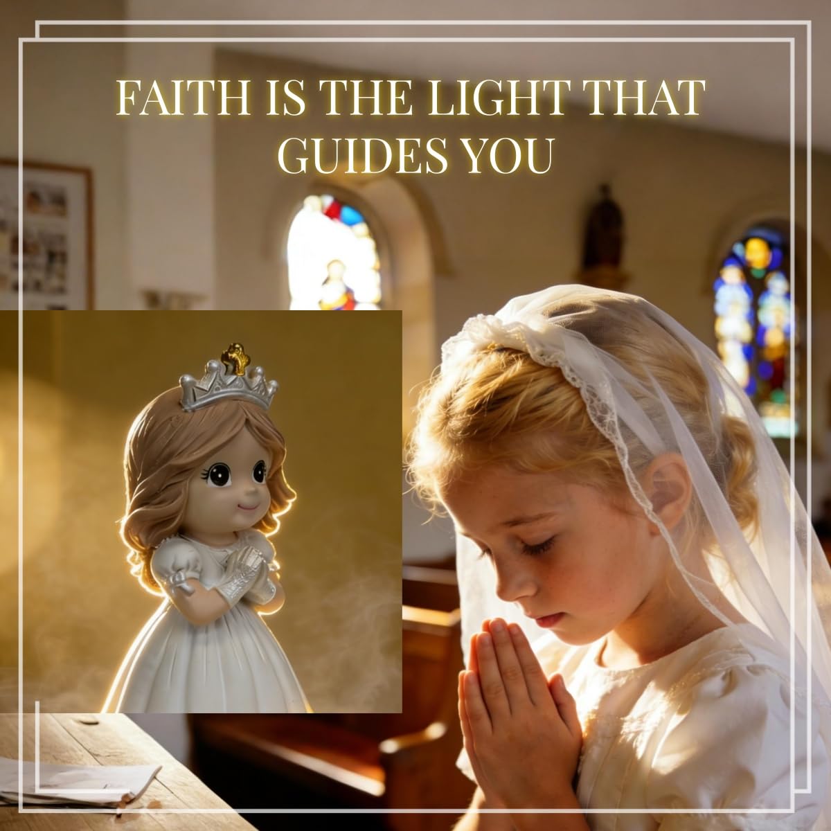 First Communion Gifts for Girls - 1st Holy Communion Gift with Prayerful Girl Figurine, Keepsake Box & Pearl Bracelet - Religious Keepsake Gift for Girls