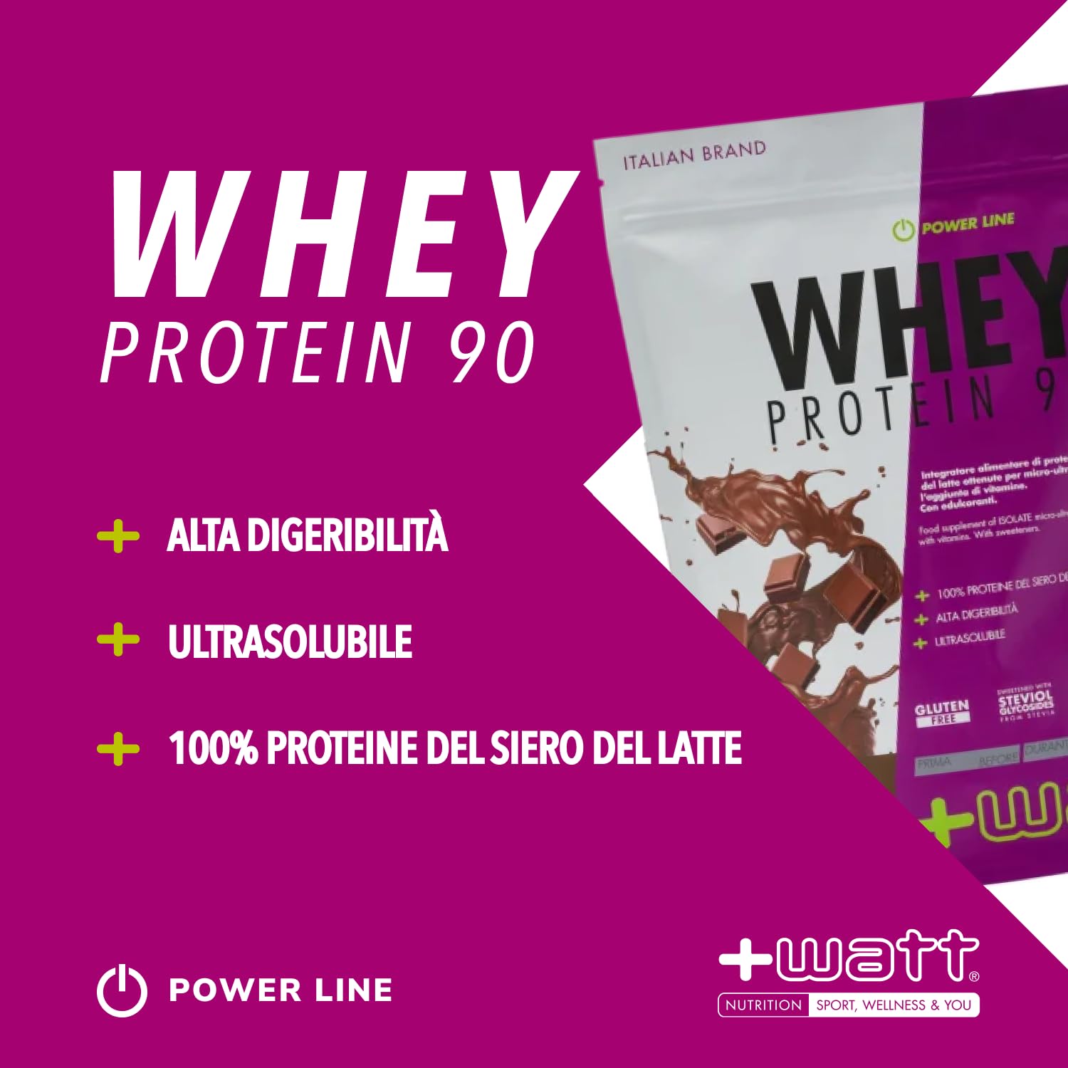 +Watt Whey Protein 90 Proteine du Siero del Latte Gusto Cacao, 750 g