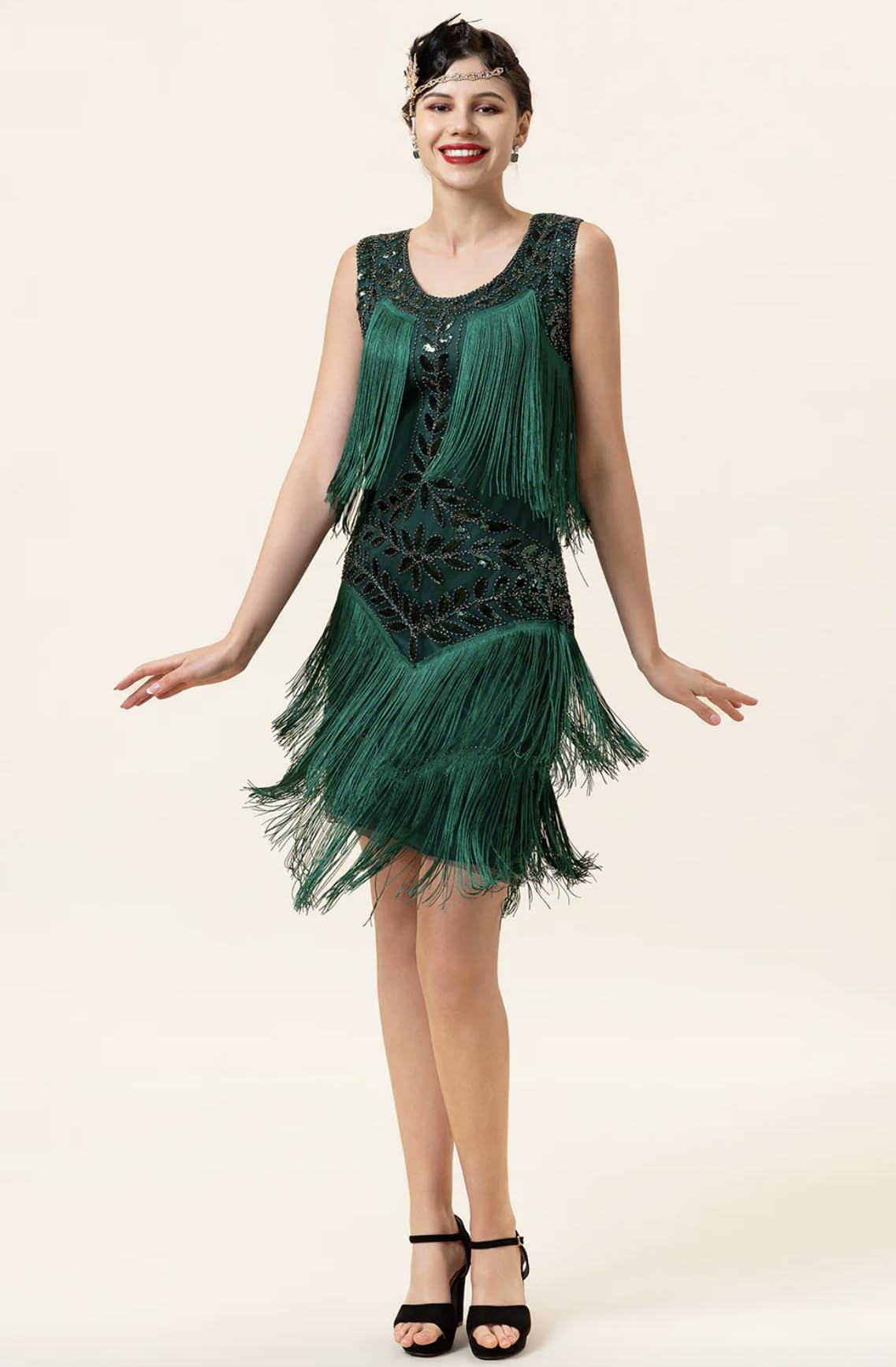 MIMIKRY 20er Jahre Flapper Damen Kostüm Grün Fransen-Kleid mit Pailletten und 4-tlg. Pfau Zubehör-Set
