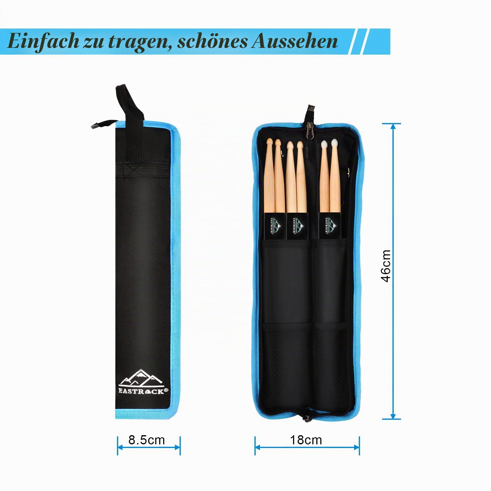 EASTROCK Drumsticks Tasche mit 3 Paar Drumsticks, Floor Tom Haken, Tragegurt für Drumsticks, Drumkeys, Drumdrahtbürsten, Schlägel schwarz