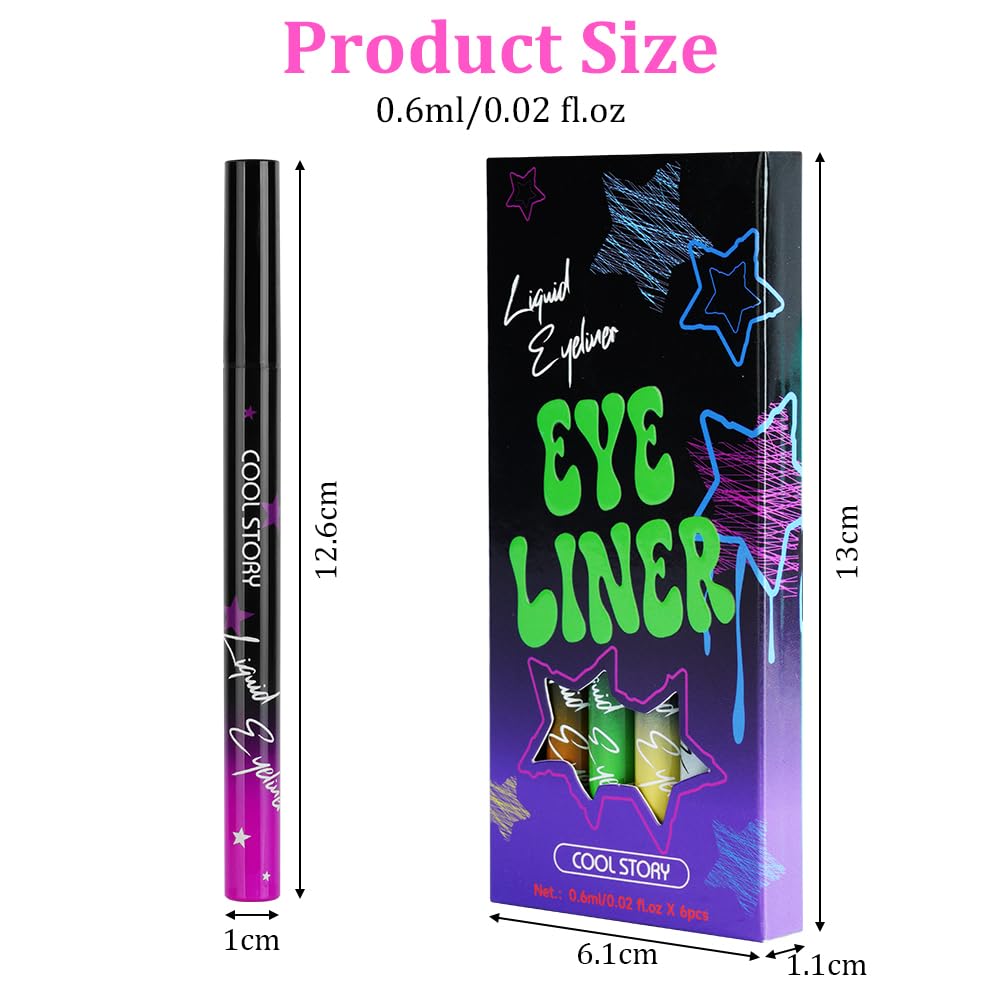 LOPHE Zestaw eyelinera, 6 kolorów, świecący eyeliner, matowe wykończenie, wodoodporny, trwały, płynny eyeliner z bardzo delikatnym pędzlem, na Halloween, karnawał