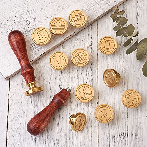 Cheriswelry 14pcs 12 Constellations Wax Seal Stamp Zodiac Signs Stamps with Retro Wooden Handle for Wedding Cards Scrapbook Envelope Decoration Gift Packing 25mm - Image 3