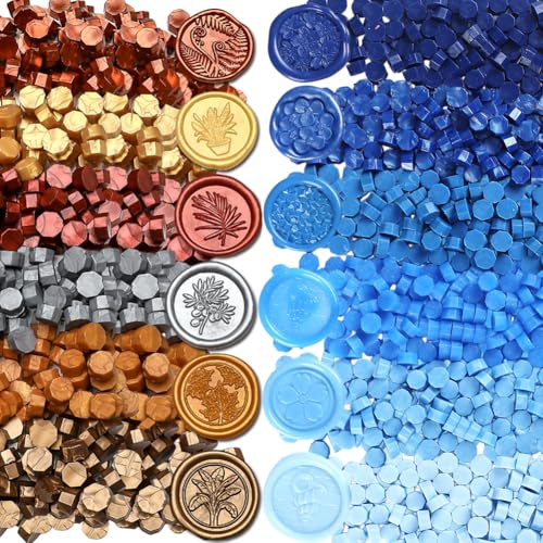 Image of 1200pcs Metallic and Blue Wax Seal Beads,12 Assorted Metallic Color Sealing Wax Beads Ideal for Wax Seal Stamp Wedding Letter Envelope Decor Wine Bottle Wax Sealing (Metallic&Blue)