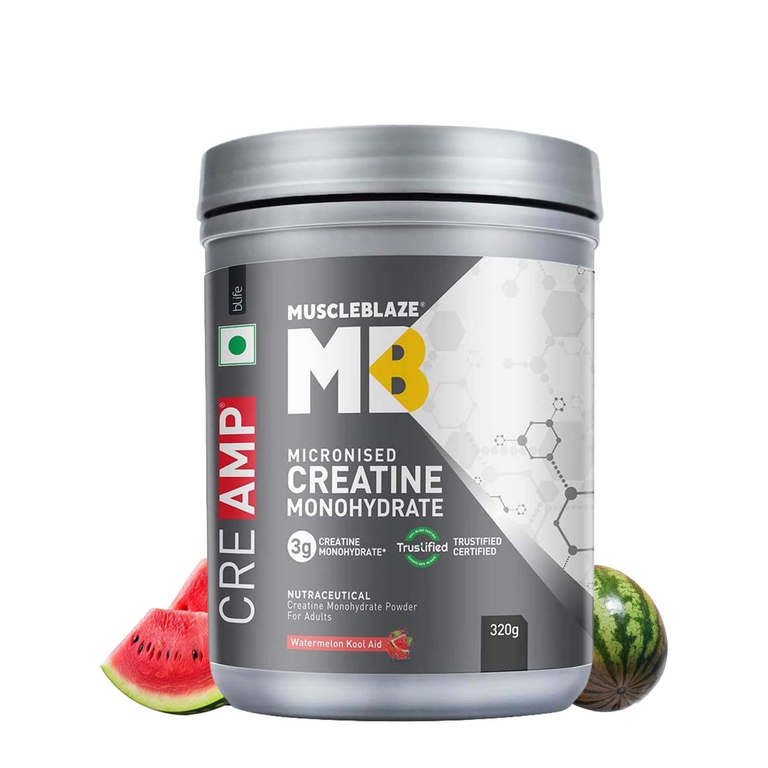MuscleBlaze Micronised Creatine Monohydrate CreAMP Powder, Watermelon Kool Aid (80 Servings, 320g) | Trustified Certified Creatine
