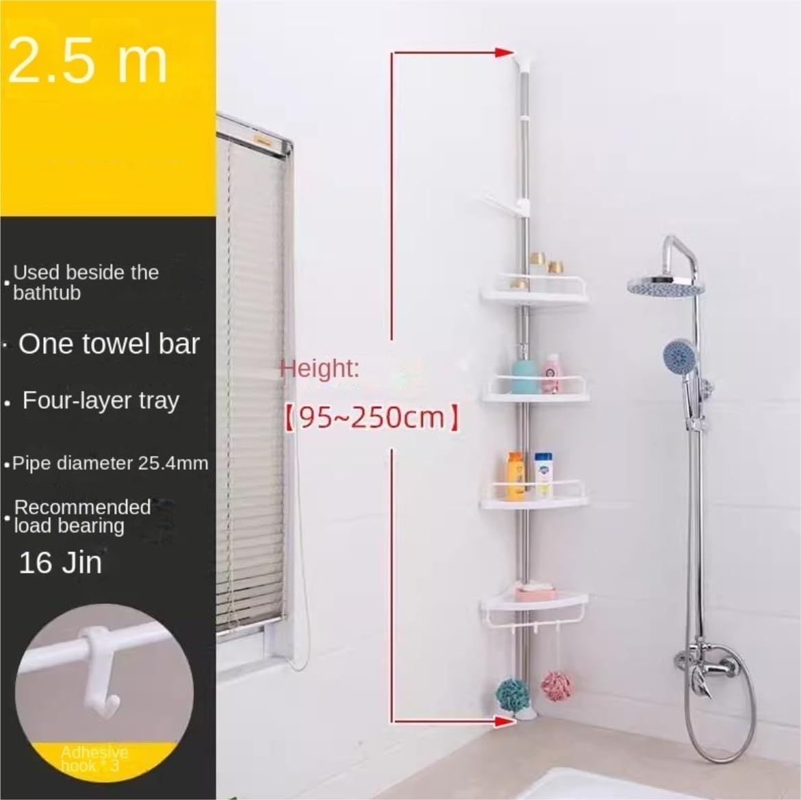 Standregal Eckregal Eckregale Duschablage Mit Spannstange, Verstellbares Eckregal Aus Edelstahl Mit 4 Etagen, Standregal Für Badezimmer Eckablage Aufbewahrungsregal(Height 95-250cm)
