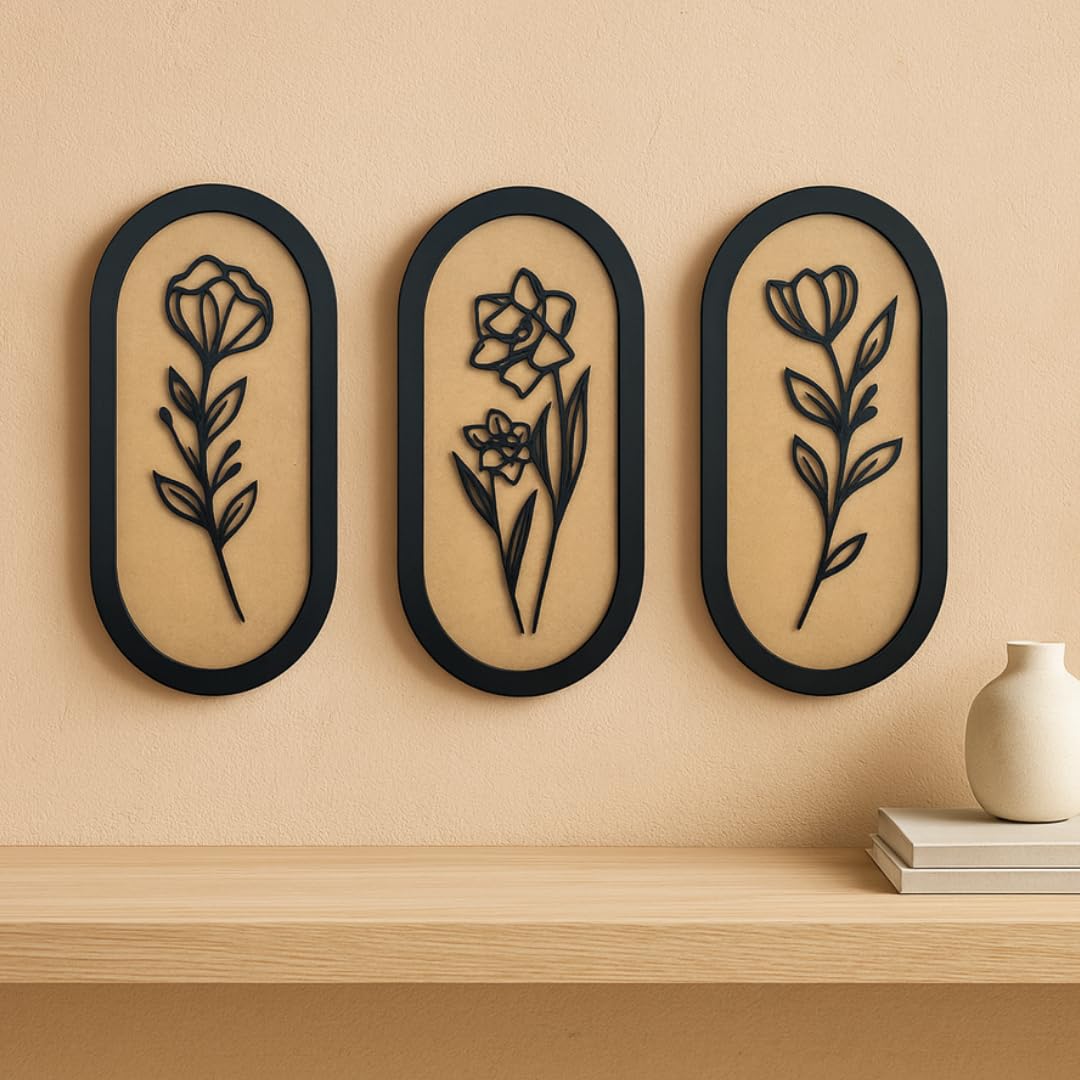 Woodscut 3 Frame Set Wooden Wall Decor Art | Flower Wall Decoration Panel | Modern Home Decor | Wall Hangings Decor for Living Room Wall, Bedroom, Stairs & Office | Wall Decor Item Set for Sofa back