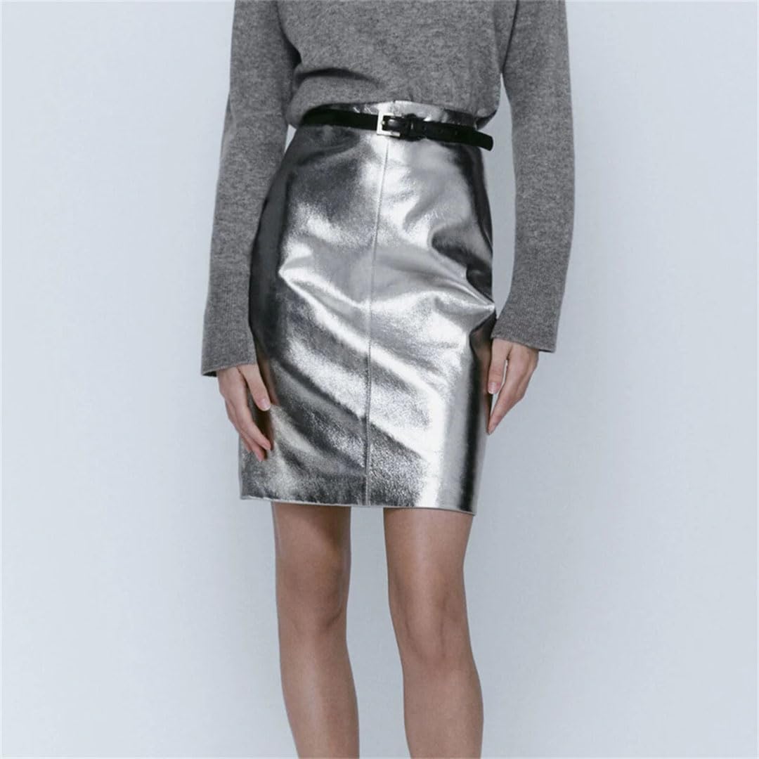 Damska skórzana srebrna spódnica midi Slim Fit Metal Gloss Brillant Sheepskin Short Wrap