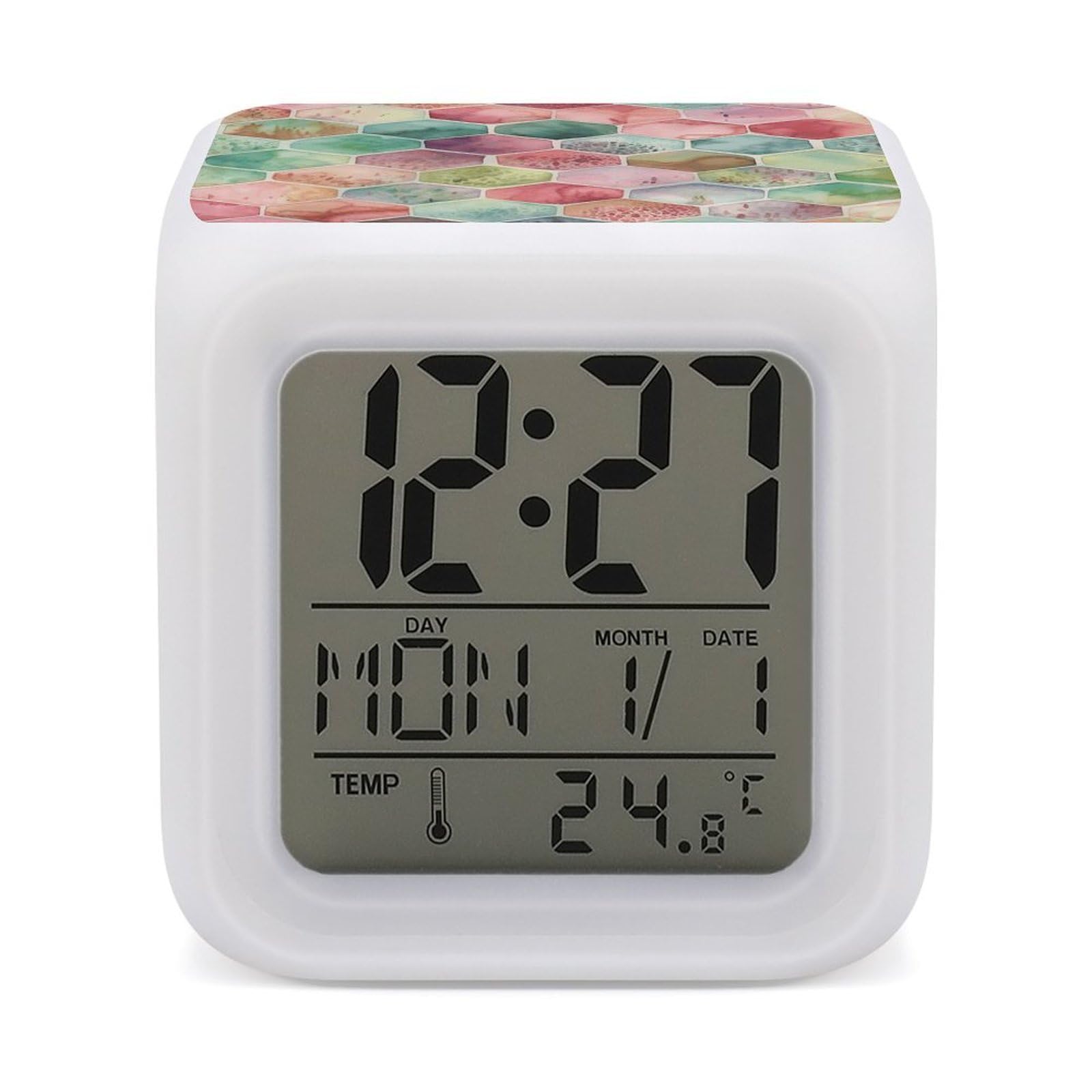 VstaDank Ancient Pattern Style Alarm Clock with 7 Color Changing Night Light Date Temp Display Wake Clocks LED Display Digital Clock Electric Desk Clocks for Living Office Bedroom Decor