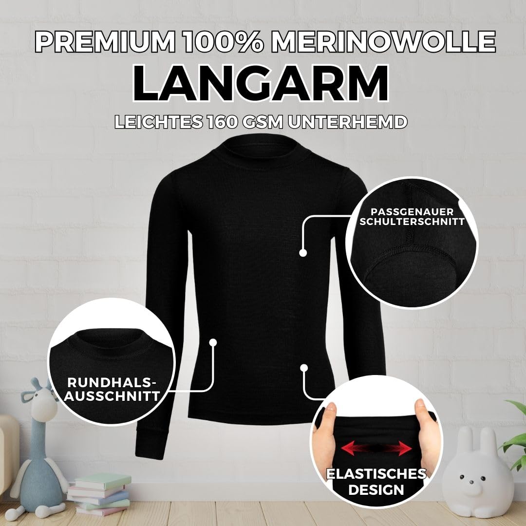 menique Kinder 100% Merinowolle Thermounterwäsche, Königskirsche, Schwarz, 122-128cm