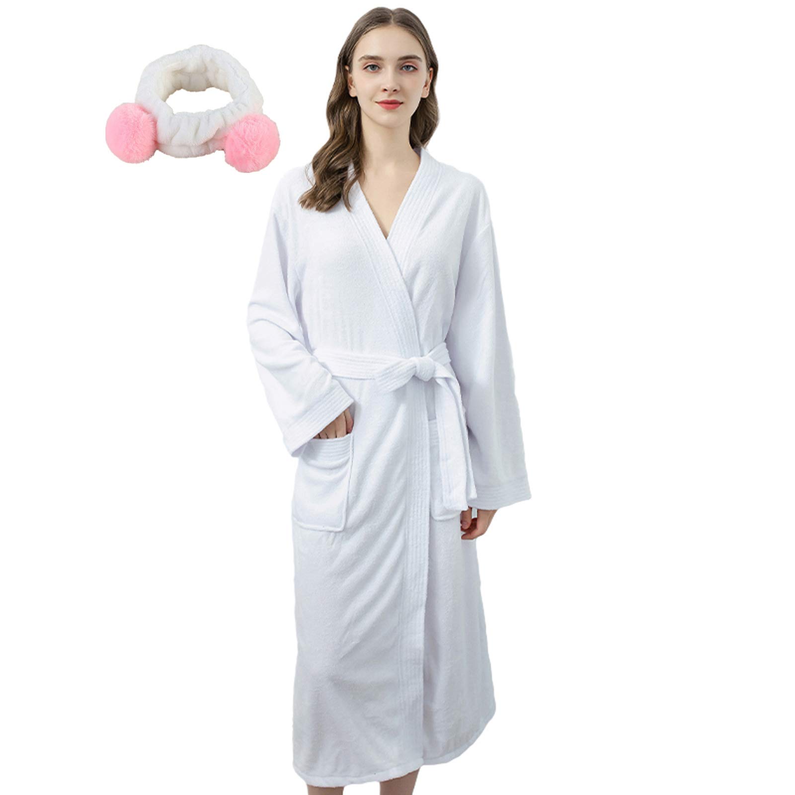 Damski szlafrok frotte, bawełniany szlafrok + opaski do włosów, szal kołnierz szlafrok kąpielowy szlafrok kimono na wszystkie pory roku