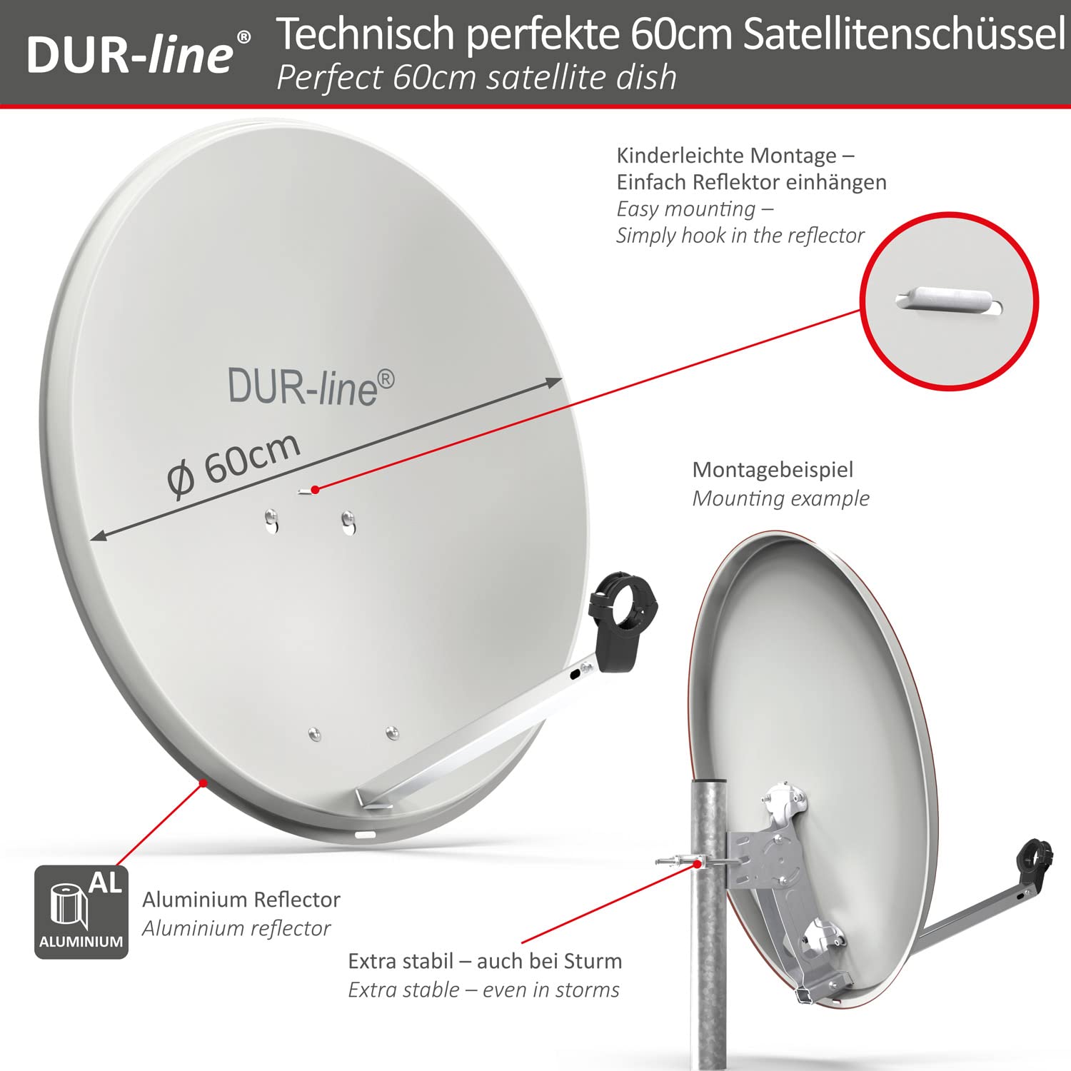 DUR-line MDA 60 Hellgrau - Digiatale 2 Teilnehmer Satellitenschüssel Komplett-Anlage mit +Ultra Twin - LNB [Camping, Astra 19,2°, DVB-S/S2, Full HD, 4K, 3D]