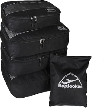 5pc Packing Cubes Set Large Travel Luggage Organizer 4 Cubes 1 Laundry Pouch Bag, Black, L
