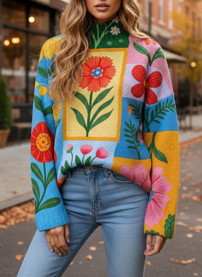 Akivide Women's Cute Floral Patterned Mock Neck Long Sleeve Sweatshirt Casual Holiday Cropped Oversized Pullover Top - Image 2