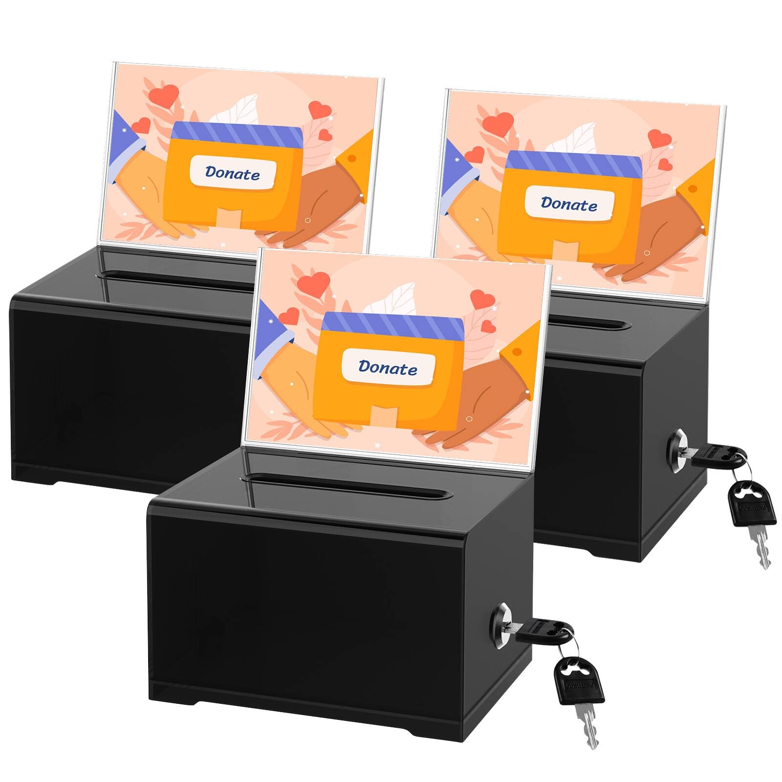 Clear Donation Box with Lock &amp; Sign Holder, Versatile for Fundraising, Ballot Voting, Suggestions, and Tips Jar, Secure Storage Design, Size 6.2x4.6x4.0 Inch, Black 3 Pack