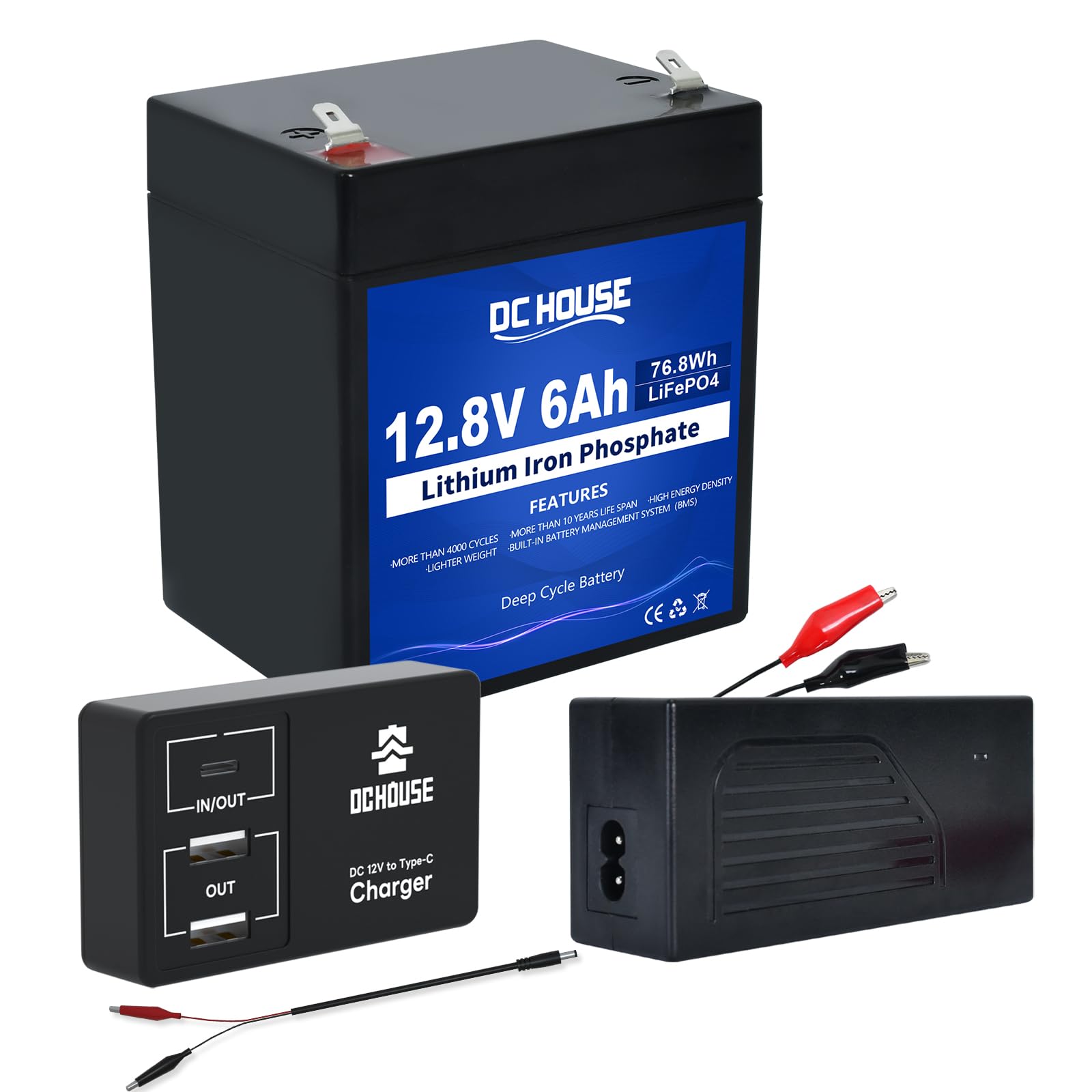 DCHOUSE 12V 6Ah LiFePO4 Batterie avec chargeurs de Batterie 4A, DC 12V vers Type C et USB, convertisseur de Batterie pour Camping-Car, Chariot de Golf, Tondeuse à Gazon, Panneau Solaire, Camping