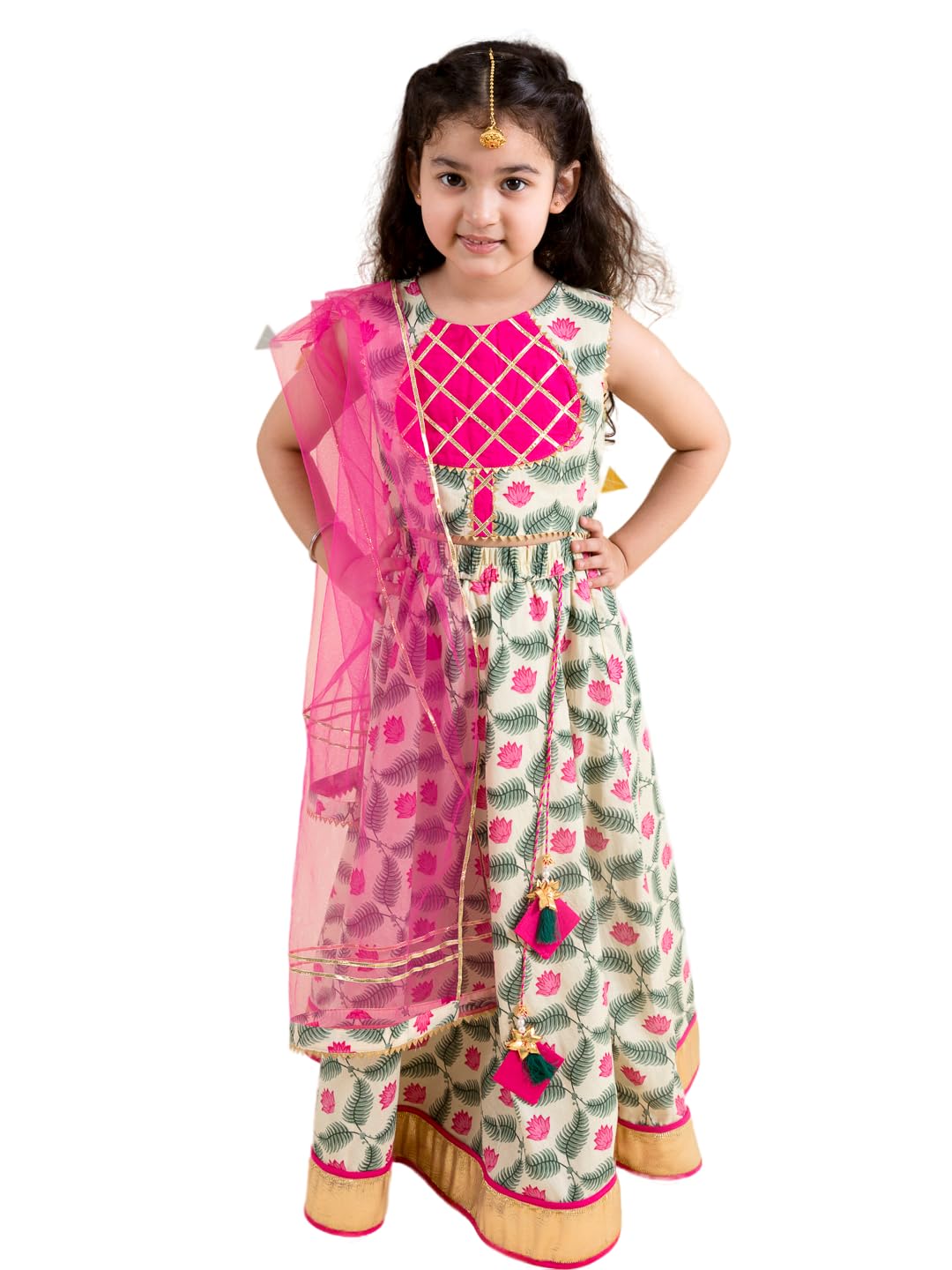 Pspeaches Girl's Cotton Lehenga Choli (L-Lotus_Off White_10-12Y)