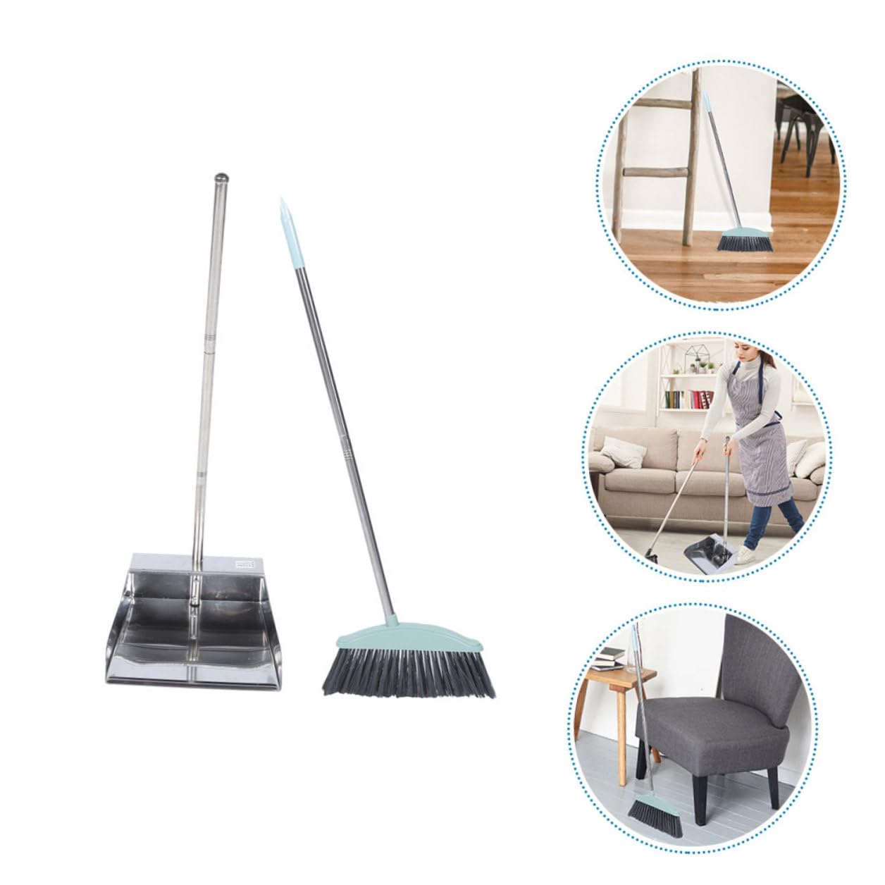 VICASKY 2 Stück Kehrset mit Langem Edelstahl Stiel Stehender Kehrschaufel und Besen Effiziente Bodenreinigung für Haushalt und Büro Modernes Design