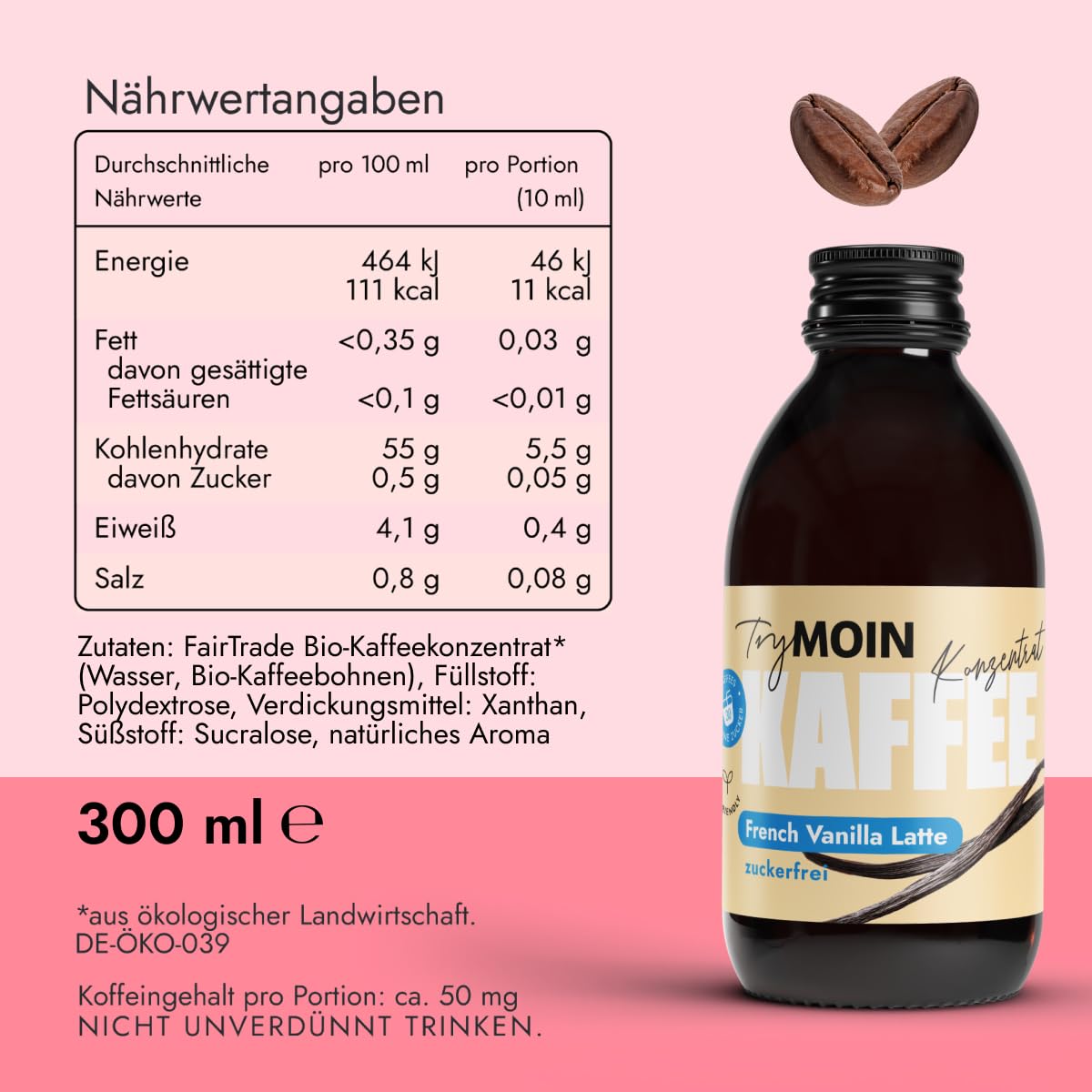 TryMOIN Vanilla Latte – zuckerfrei – Kaffeekonzentrat mit zuckerfreiem Vanille-Sirup für Iced Coffee, Cappuccino, Frappé & Latte | 30 Portionen pro Flasche