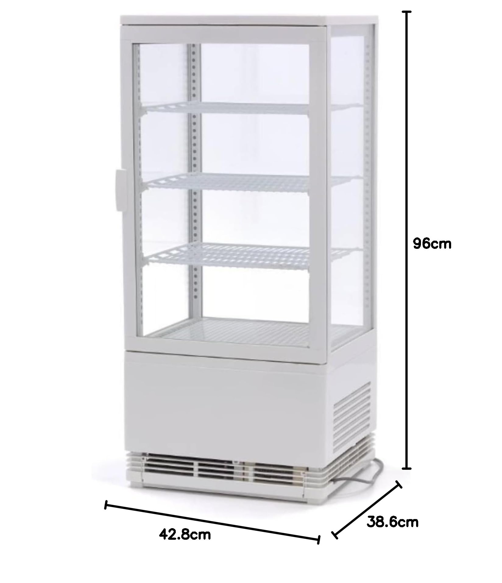 Vitrina refrigerada panorámica blanca 78L – 4 caras acristaladas – Frío ventilado – Iluminación LED – Temperatura 0 a 12°C – Compacta y moderna