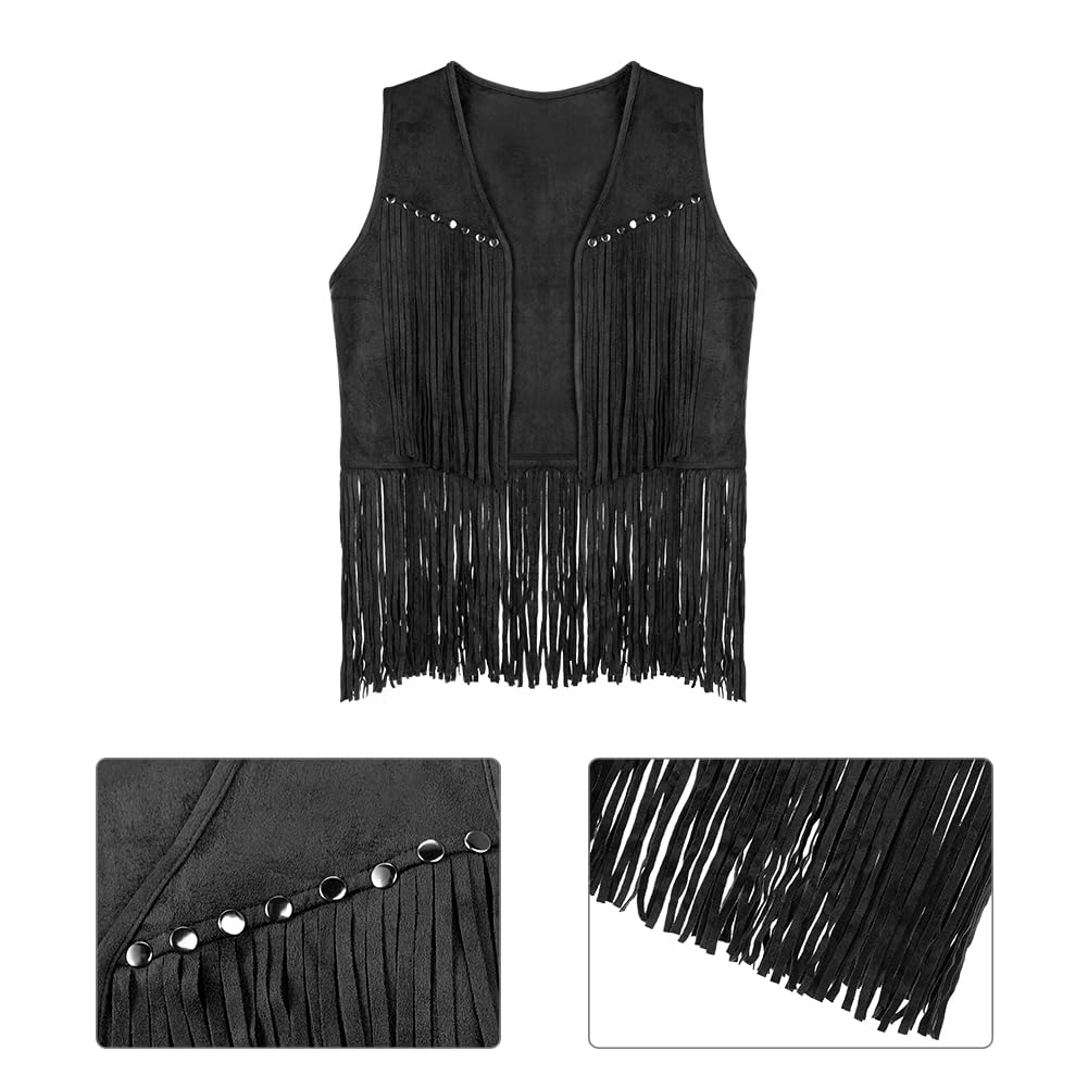 Qchomee Unisex Western Cowboy Outfits Retro Cowgirl Hippie Costume Hat for Women Men Sleeveless Jackets Vest with Tassel Faux Suede Cowboy Hat Fringe Vest Fancy Dress Costume Set Brown - Image 2