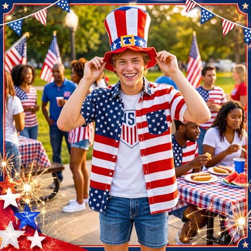 Image of Shyyween 12 /24 Pcs American Flag Plastic Hats Patriotic 4th of July Cowboy Hats White Blue Red Caps for Independence Day