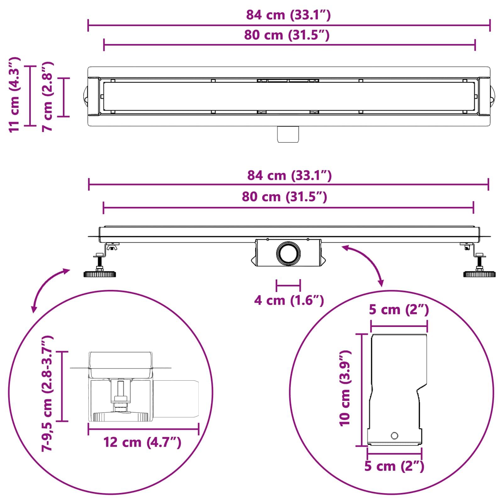 vidaXL Drenaggio Doccia 2 in 1 Nero 80 cm Acciaio Inox 304, Stile per Il Bagno, Scarico Doccia Moderno, Soluzione idraulica, Accessori per Il Controllo dell'Acqua