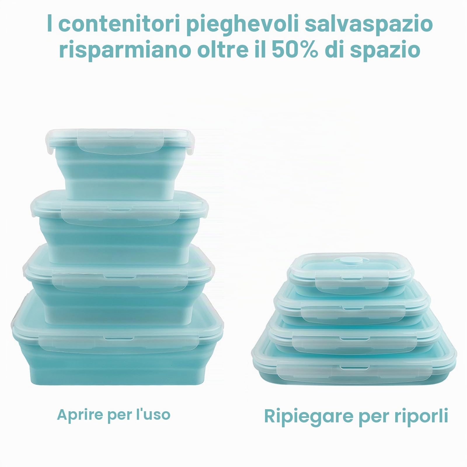 Contenitore per alimenti in silicone pieghevole con coperchio, portatile, salvaspazio, adatto al microonde e congelatore, set di 4 (Azzurro)