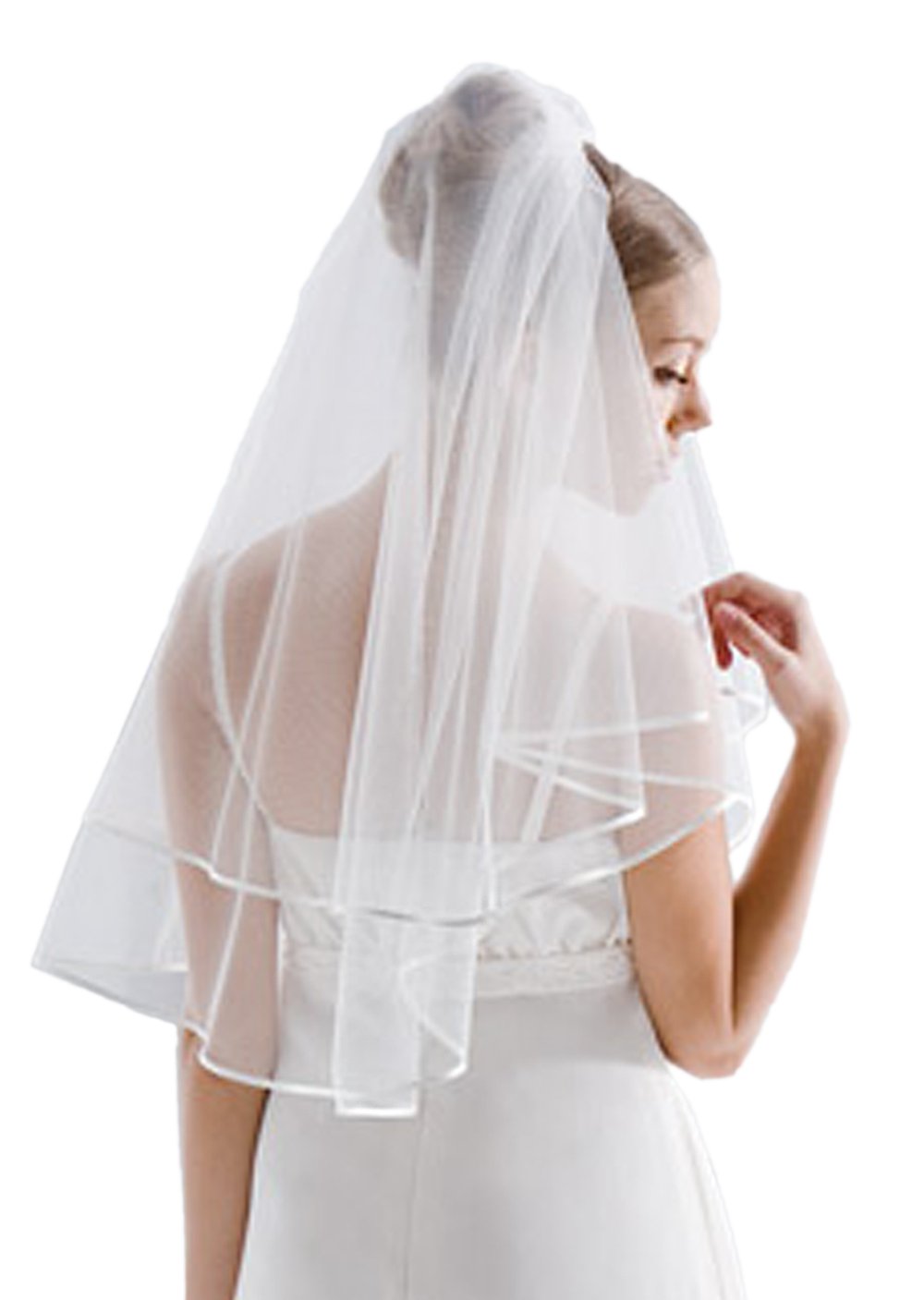 Flora Women's White 2-Tier Satin Edged Plain Designer Bridal Veil,32" L Waist Length (White)