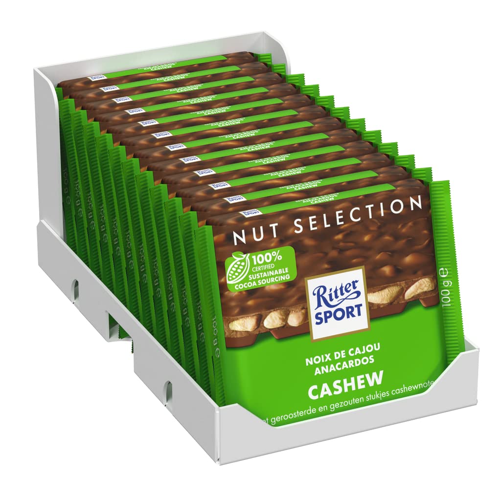 RITTER SPORT Cashew Quadrat Cashew Tafel mit gesalzenen Cashews, Vollmilchschokolade