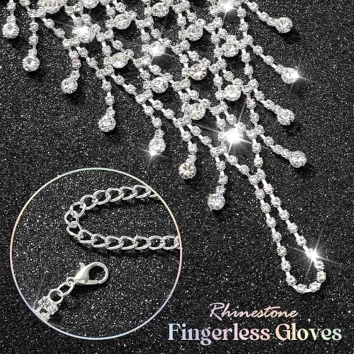 GORTIN Rhinestone Fingerless Gloves Silver Sparkle Wedding Glove Glitter Prom Hand Chain for Women 7