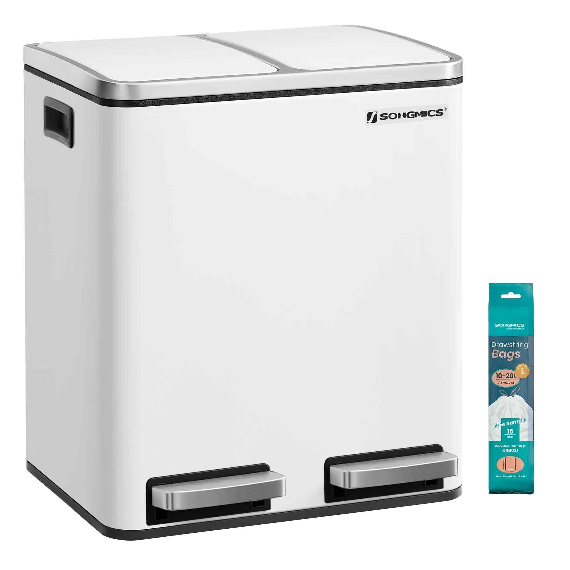 SONGMICS Poubelle Cuisine, 2 x 15 L, Poubelle Tri, avec Pédale, 2 Compartiments, 15 Sacs Poubelles, Seaux Intérieurs, Couvercles en Douceur, en Acier, Blanc Nuage LTB030WG01