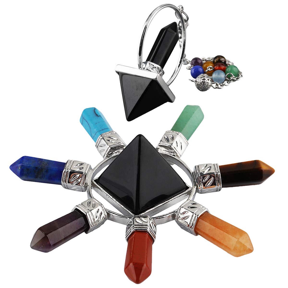 Nupuyai Obsidian 7 Chakra Pyramid and Pendulum Set, Healing Stone Kit
