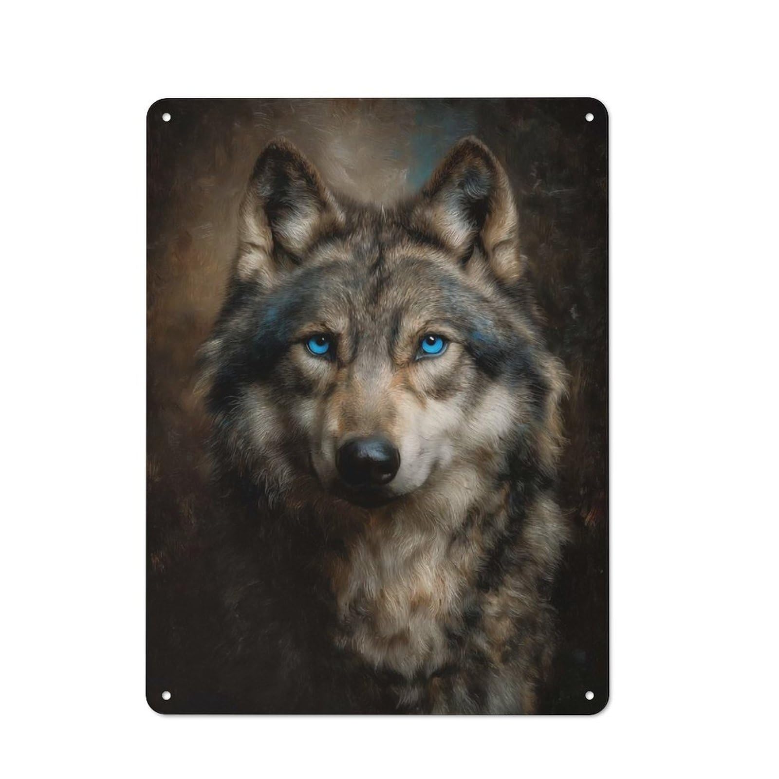 Wolf Portrait with Piercing Blue Eyes Vintage Tin Sign 40x30cm, Rustic Bistro Wall Plaque for Coffee Bar, Kitchen, Bistro Or Tea Corner