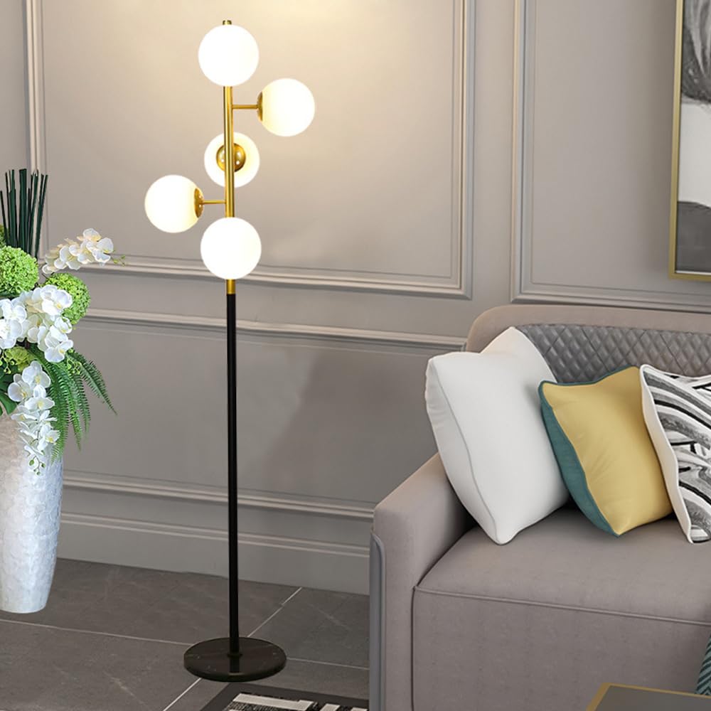 HGJHJJHK Mid Century 65" 5-Globe Glass Floor Lamp Marble Base Floor Light E26 Dimmable Tall Lamp with Foot Switch Iron Body Standing Light for Living Room Reception Room Study